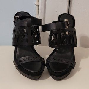 BCBGMaxAzria Leather Wedge with ankle strap and laser cut heels (size: 7.5)